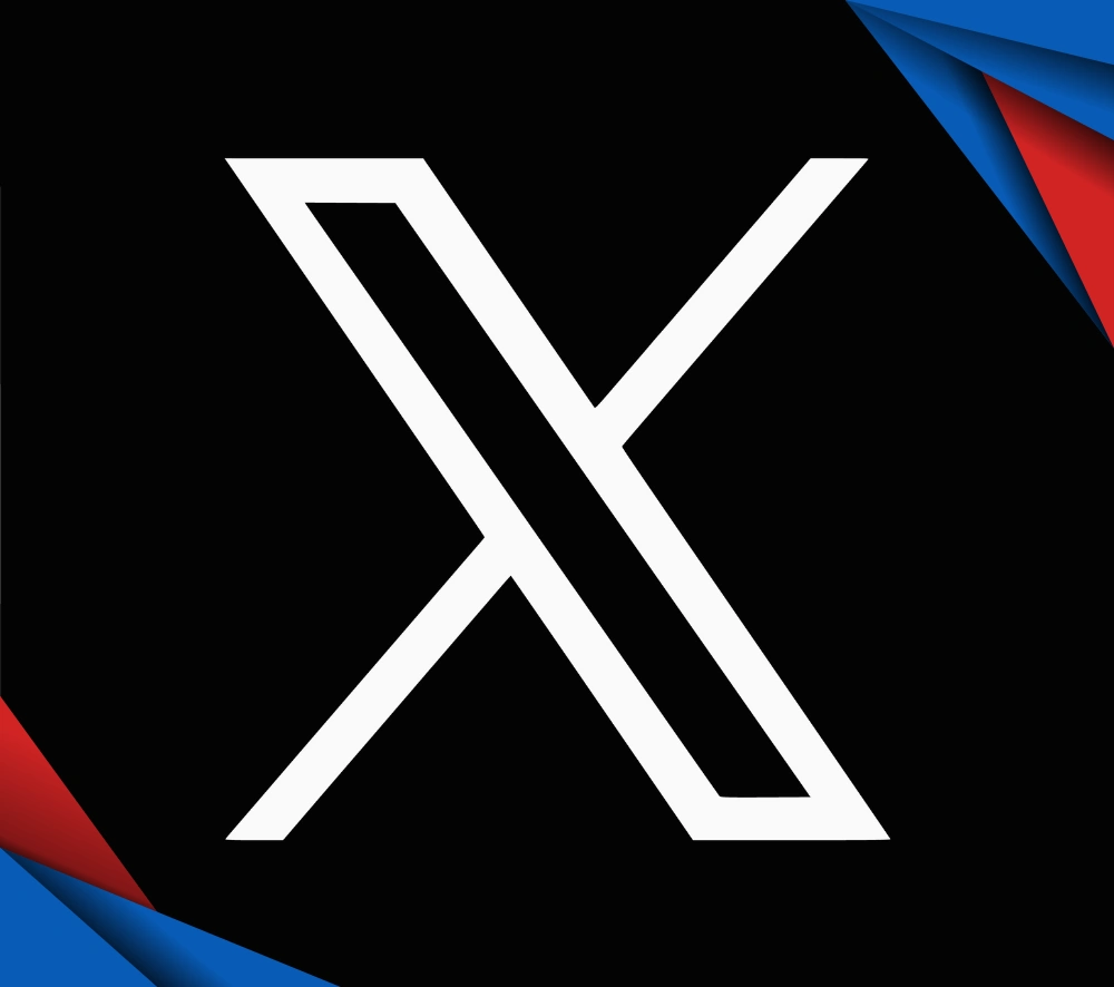 Best Place to Buy X Accounts A bold, white letter "X" on a black background, framed by dynamic, angular red and blue accents on the corners, creating a modern, sleek design.