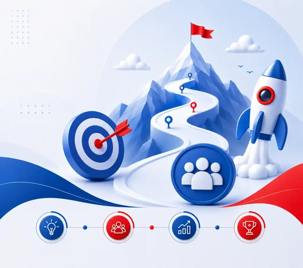 3D illustration of a mountain path with a red flag at the summit, a target with arrows, a rocket, and icons symbolizing teamwork and achievement.