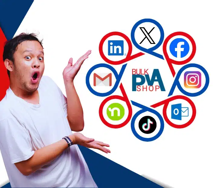 A surprised man in a white shirt gestures towards a graphic featuring social media icons like LinkedIn, Instagram, and TikTok, surrounding "Bulk PVA Shop."