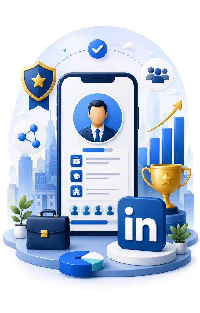 Illustration of a LinkedIn profile on a smartphone, surrounded by icons: a shield, trophy, bar graph, and briefcase, symbolizing career growth.