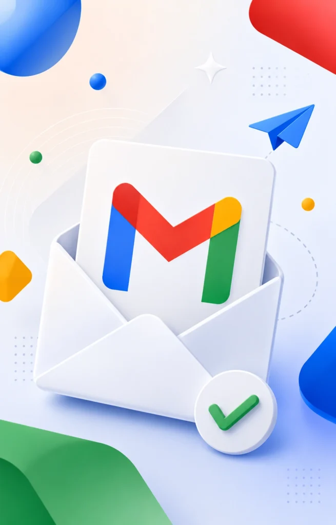 Buy New Gmail Accounts from bulkpvashop An envelope with the Gmail logo emerges from it, surrounded by floating icons: blue paper plane, colorful spheres, and a green checkmark. The image is vibrant and modern.