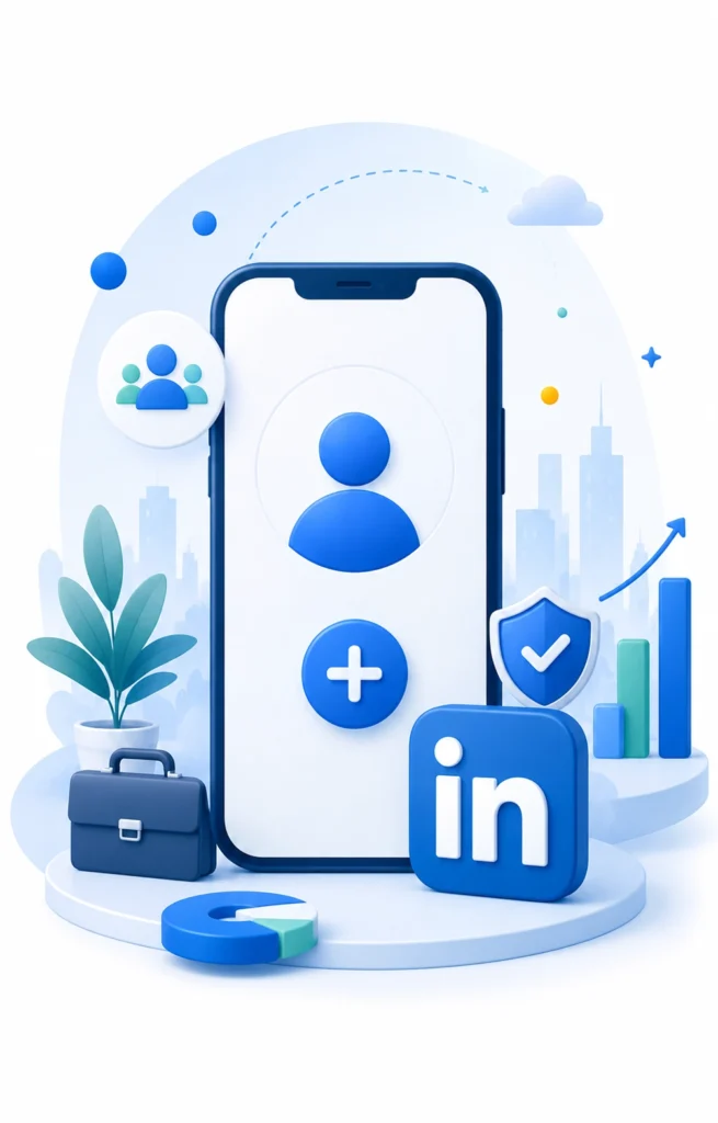 Illustration of a smartphone featuring a user icon and plus sign, surrounded by LinkedIn logo, shield with checkmark, graph, and cityscape background.