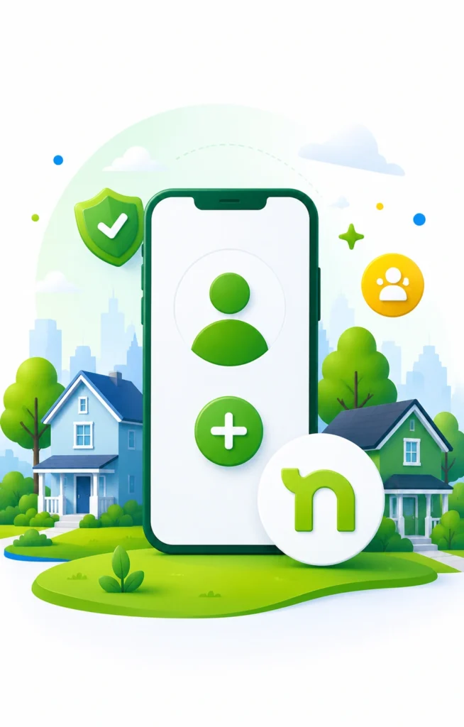 A smartphone displaying a user profile icon is set against suburban houses and trees. Icons for security and user addition float nearby, conveying connectivity and safety.