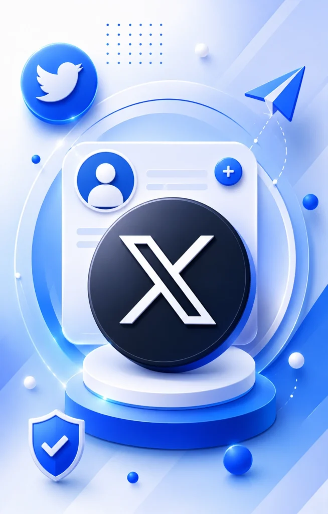Buy New Twitter Accounts from bulkpvashop Futuristic digital collage featuring a large letter "X" and profile icon, with Twitter logo and paper airplane on a blue gradient background.