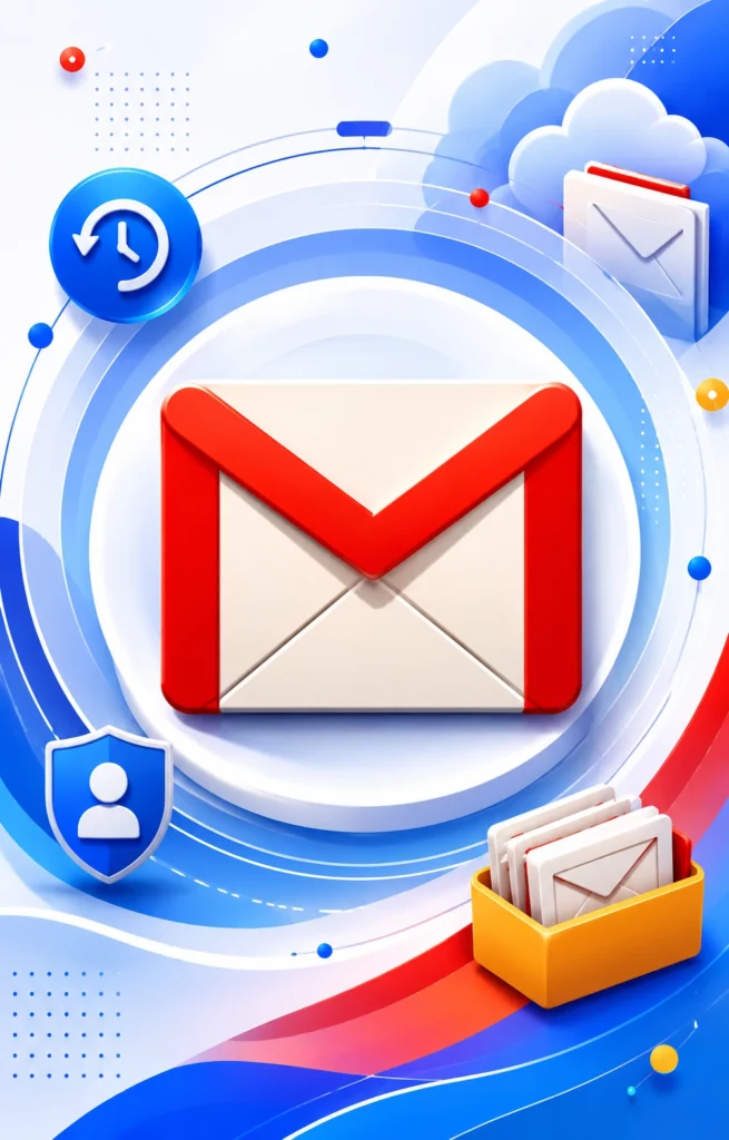 Buy Old Gmail Accounts from bulkpvashop Illustration of an envelope with a red M against a circular blue and white background, surrounded by icons of a clock, person, and cloud.
