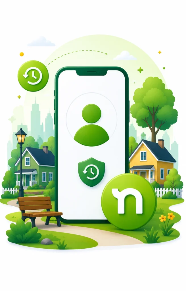 A smartphone with green icons, including a user symbol and a shield, stands in a vibrant park setting with trees and houses, conveying safety and community.