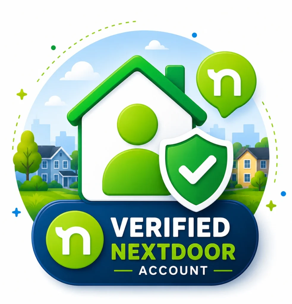 Icon representing a verified Nextdoor account. A house and checkmark shield sit over a neighborhood and see-saw text reading "Verified Nextdoor Account."