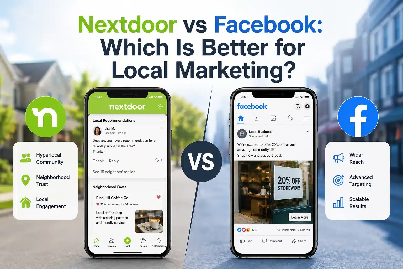 Comparison graphic of Nextdoor and Facebook apps on smartphones, highlighting local marketing features. Nextdoor emphasizes community and trust, Facebook offers wider reach and targeting. Background shows a neighborhood street.