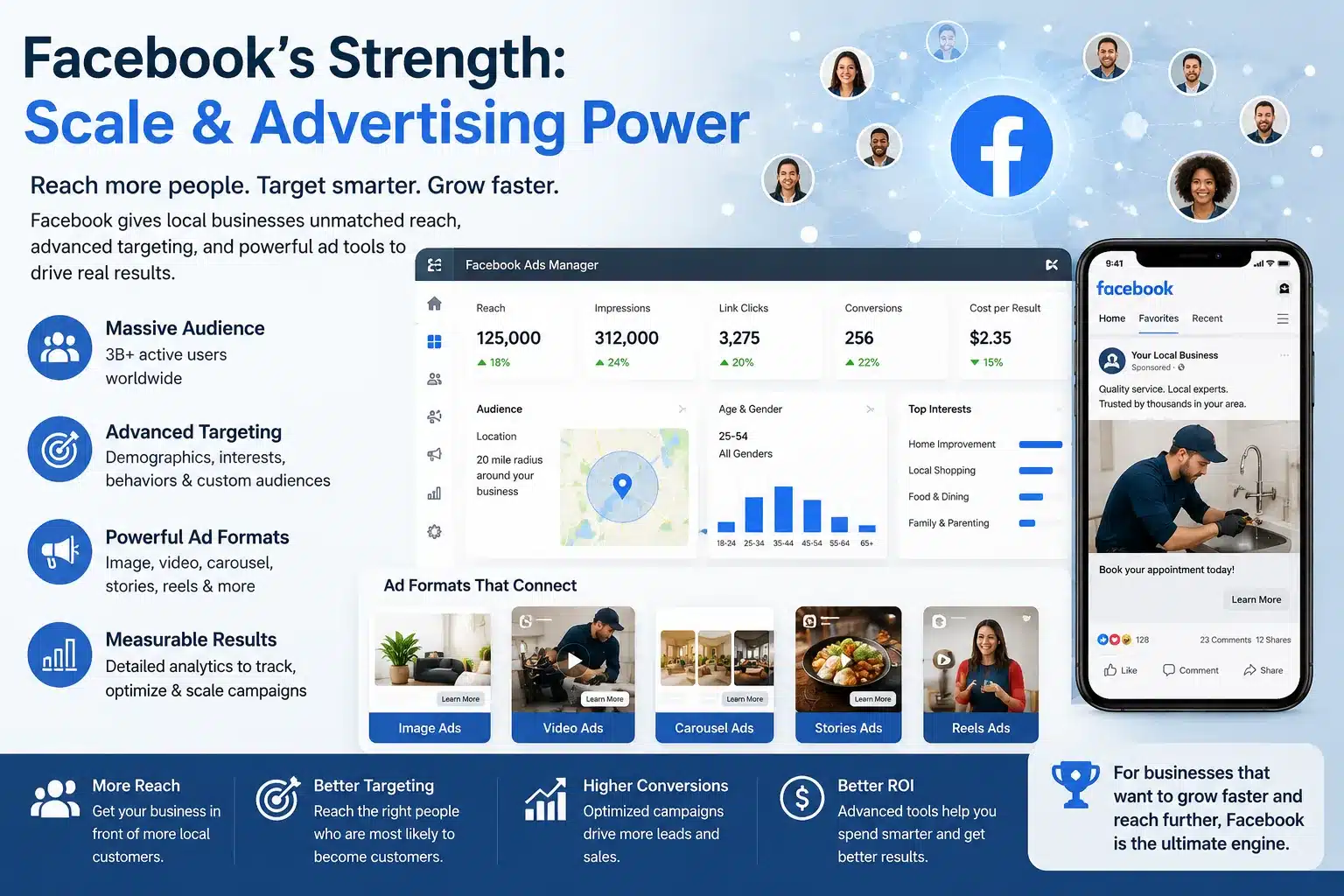 Infographic titled "Which Platform Fits Your Business?" suggests platforms for businesses like plumbers, realtors, and restaurants, including Nextdoor, Facebook, and LinkedIn. It highlights why each platform suits specific business needs.