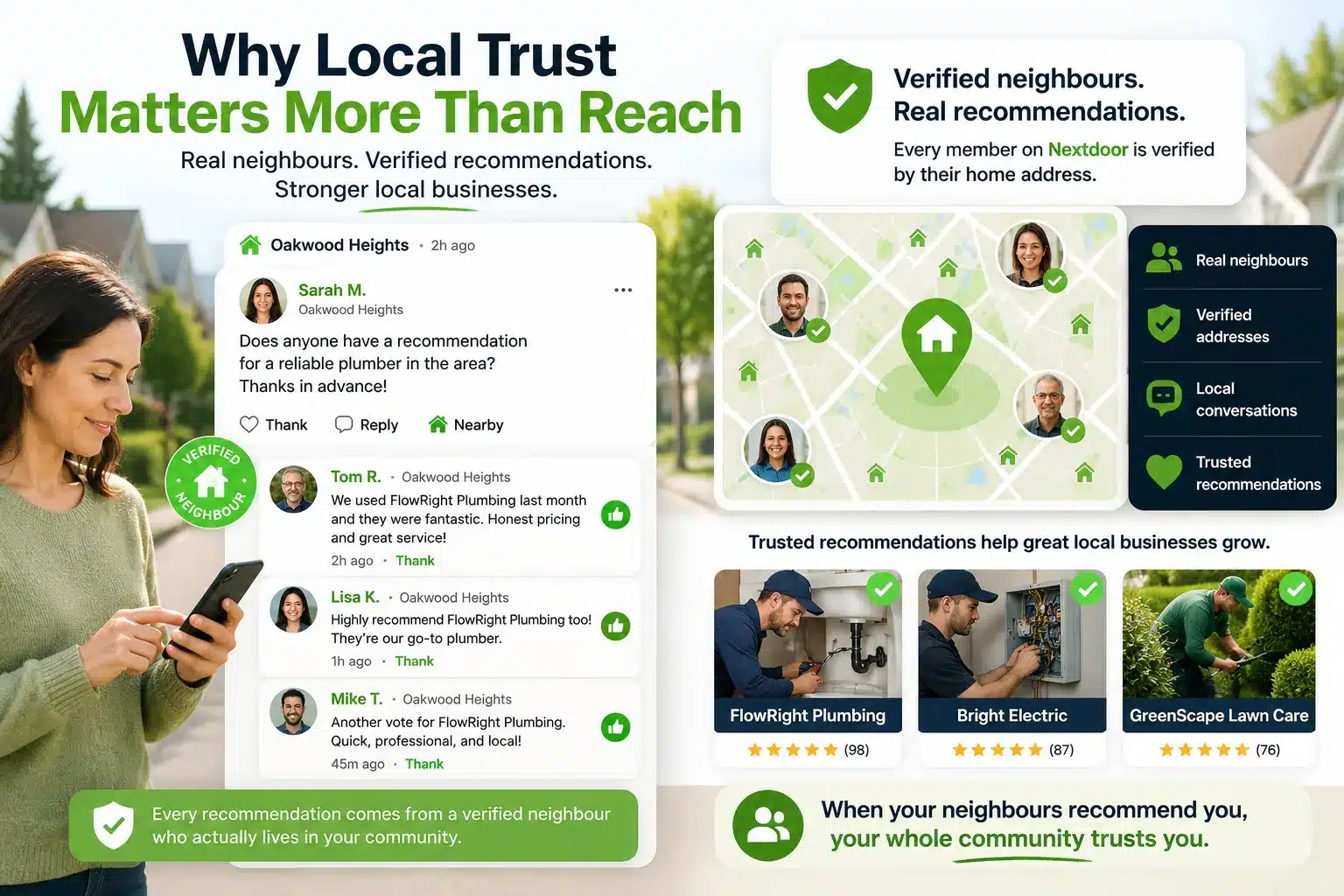 A woman uses a phone next to a Nextdoor app post seeking plumber recommendations. Icons show verified neighbors and local businesses: plumbing, electric, lawn care. Headlines say local trust and verified recommendations are essential. The tone is helpful and community-focused.