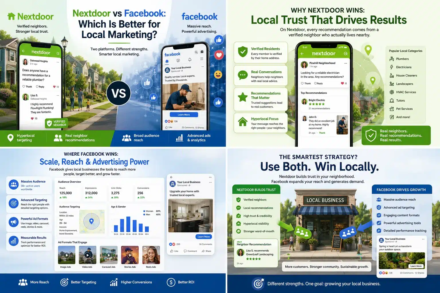 Comparison infographic of Nextdoor and Facebook for local marketing. Highlights trust, reach, and the strategy of using both for optimal results.