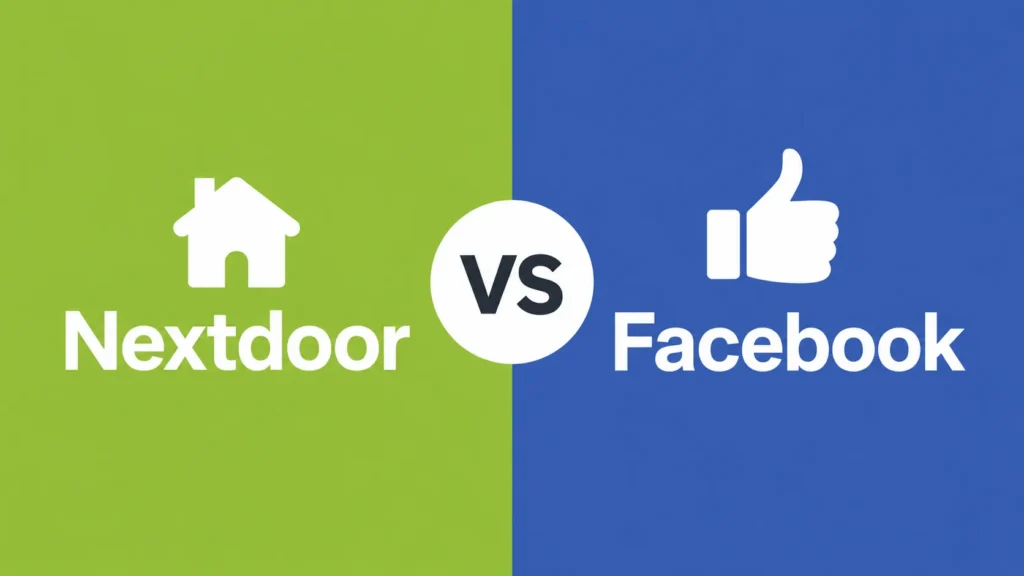 Split image: green on left with white house icon and "Nextdoor," blue on right with white thumbs-up icon and "Facebook." "VS" is in the center circle. Nextdoor vs Facebook for Local Marketing