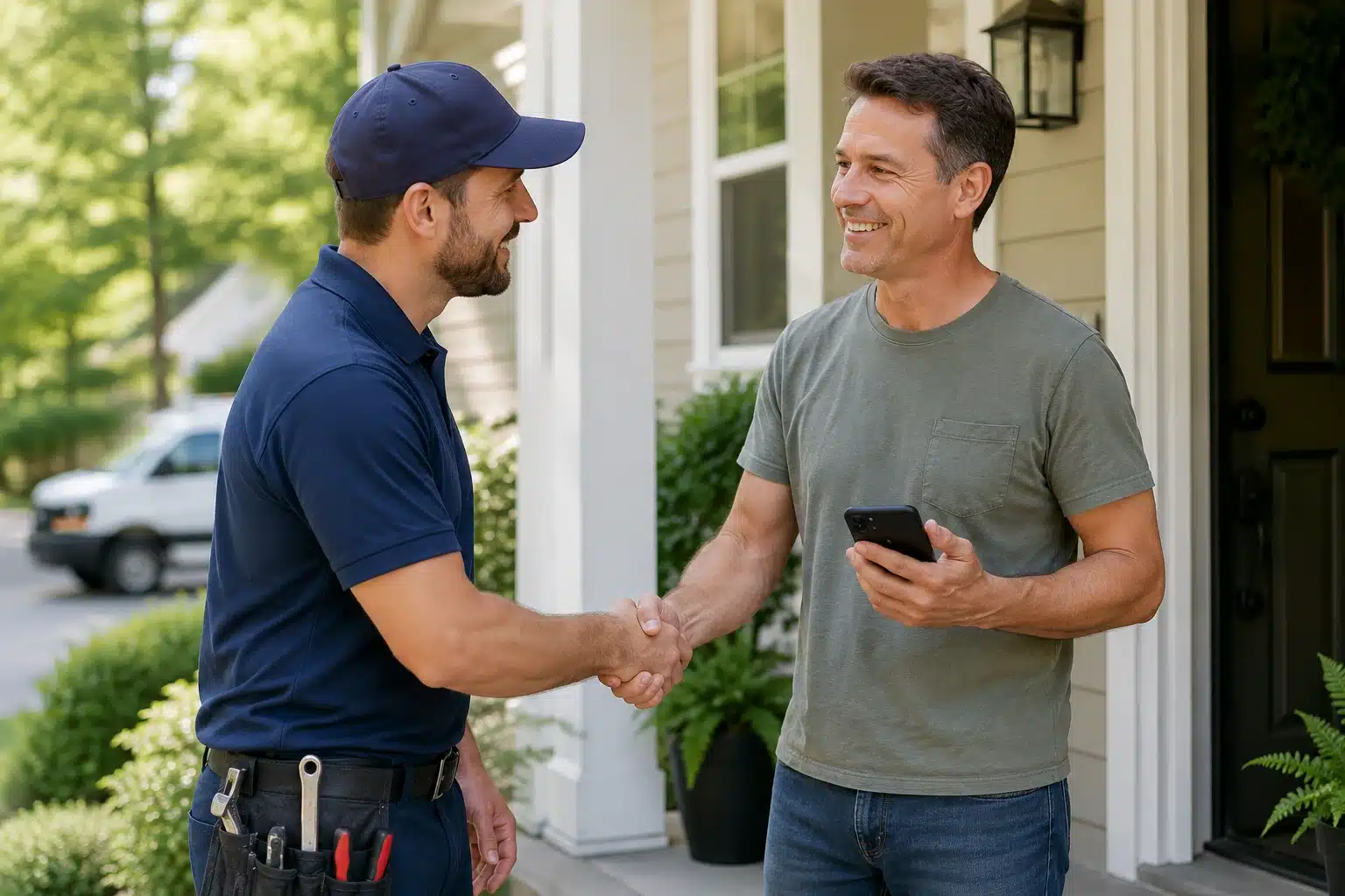 Service professional shaking hands with a satisfied homeowner after completing a job while the customer holds a smartphone.
