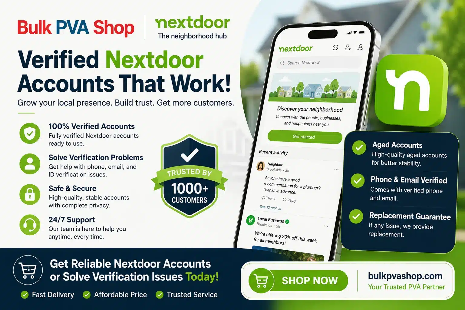 Bulk PVA Shop promotional graphic offering verified Nextdoor accounts and verification assistance