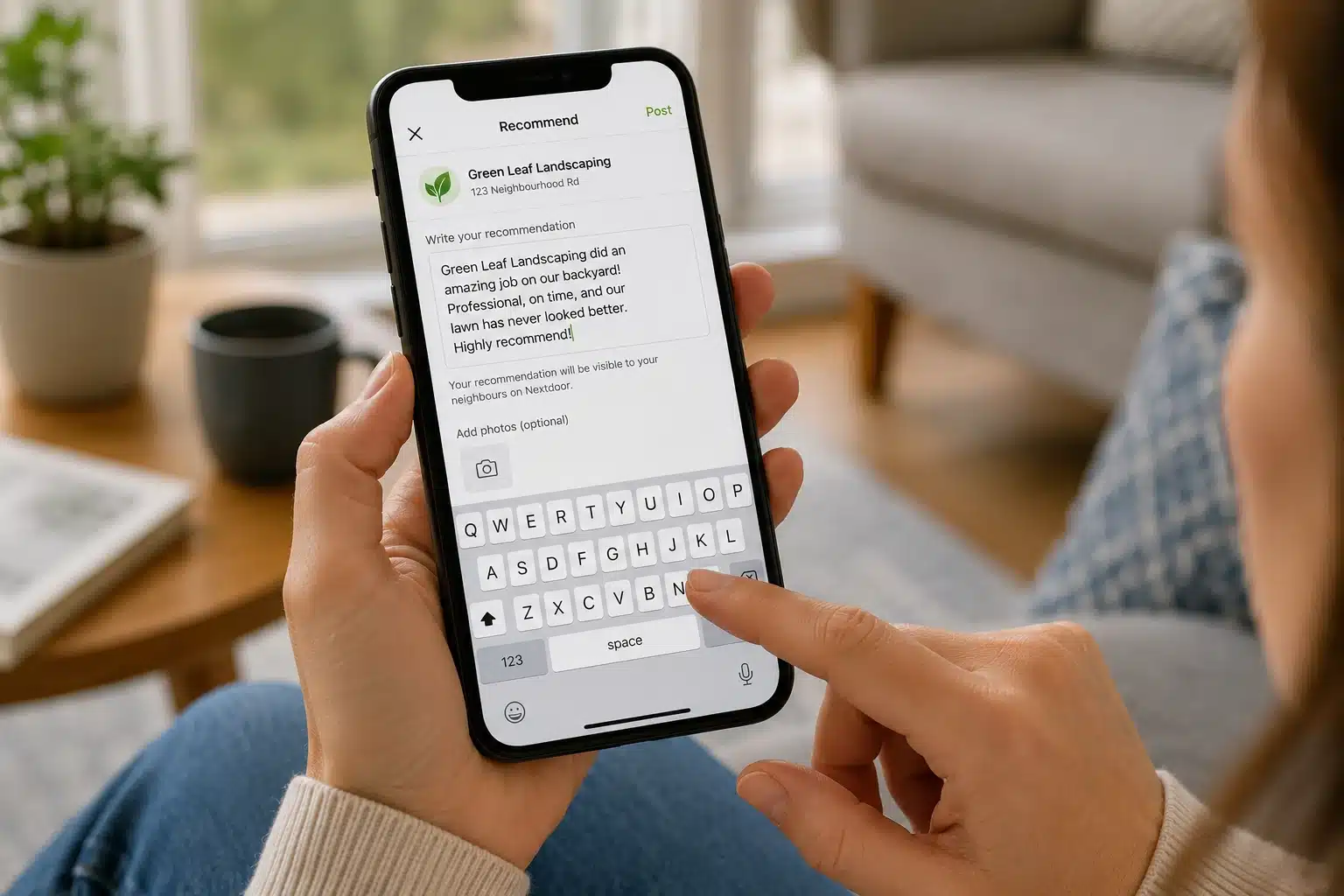 Customer writing a positive recommendation for a local business on a smartphone while relaxing at home.