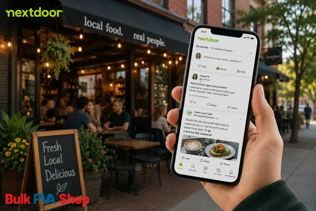 Restaurant storefront with a smartphone displaying a Nextdoor neighborhood feed to attract local customers