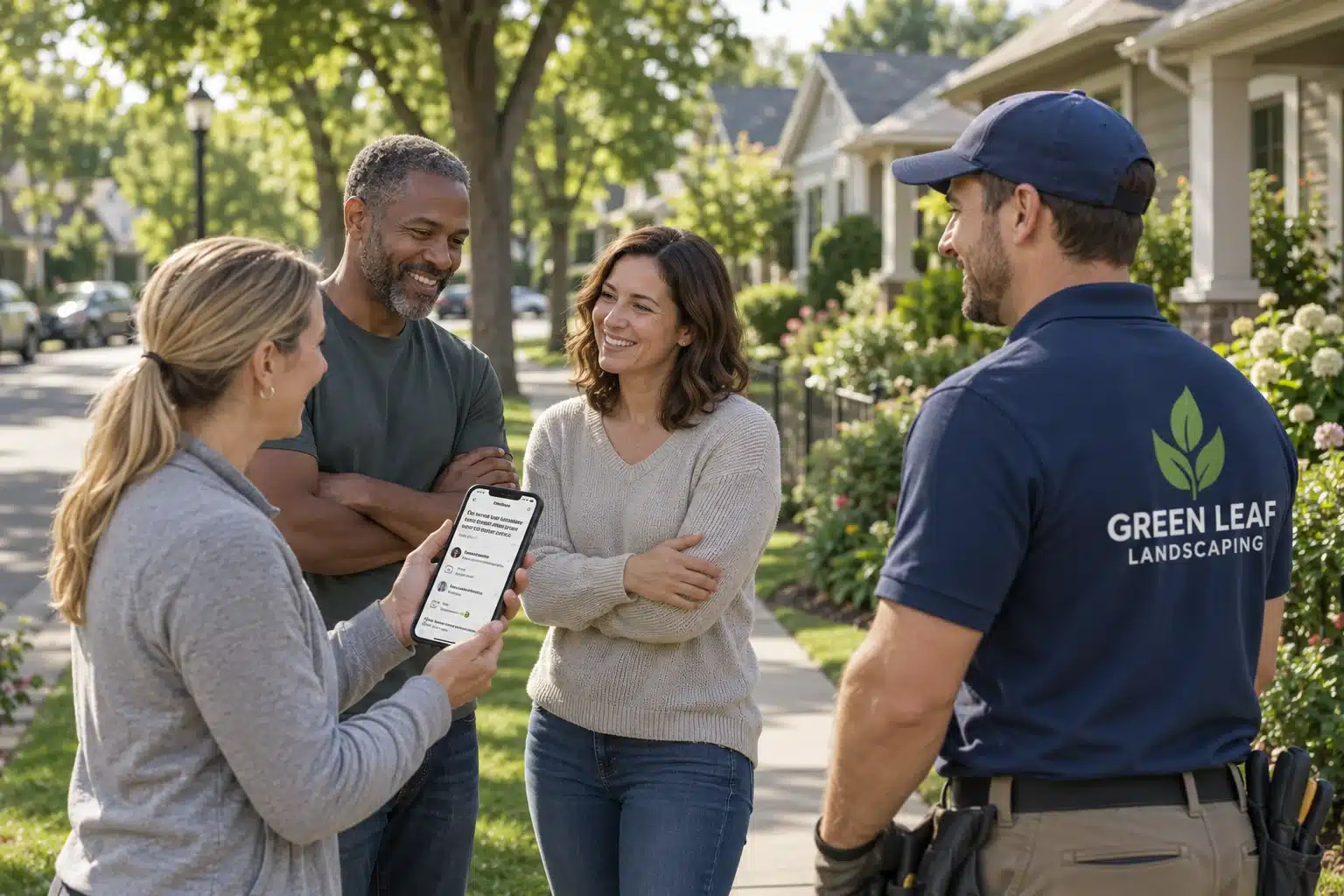 Neighbors talking with a local service provider in a residential neighborhood while viewing recommendations on a smartphone.