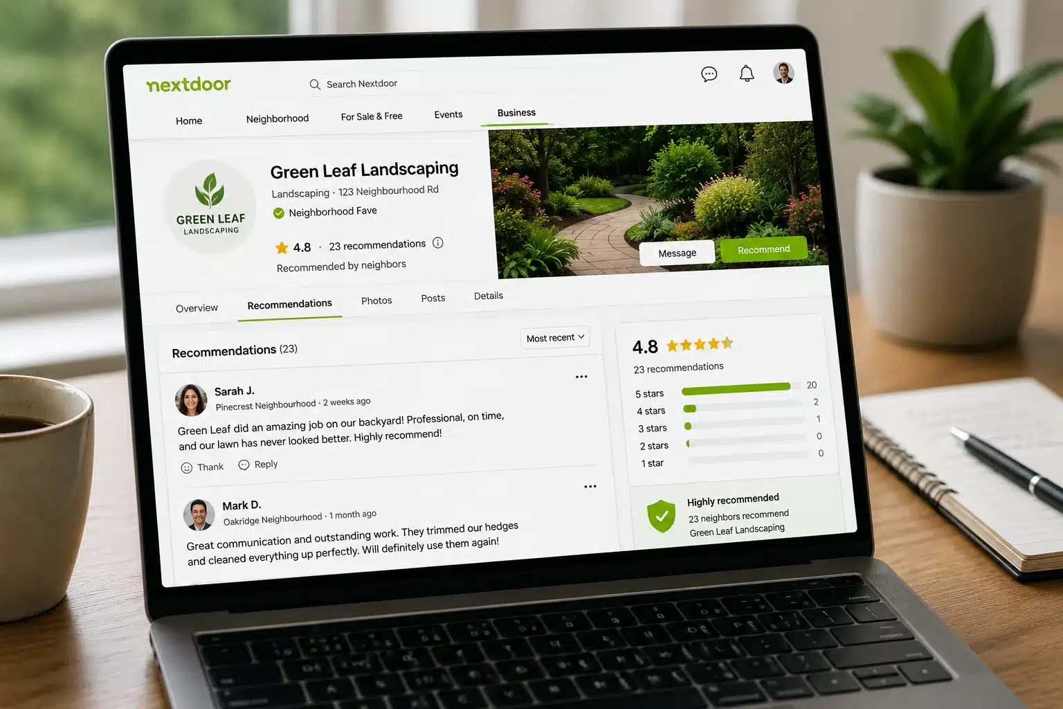Laptop displaying a local business profile with multiple customer recommendations and a strong reputation.