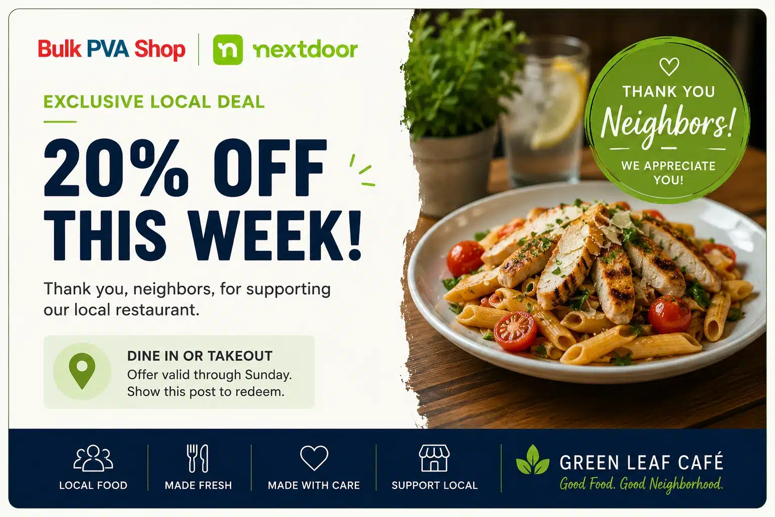 Promotional graphic advertising a local restaurant discount for Nextdoor neighbors