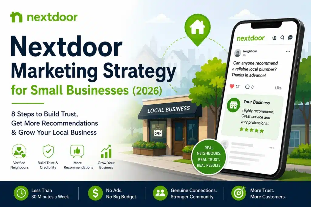 Illustration of a small business using Nextdoor to build trust, gain local recommendations, and grow through neighborhood marketing in 2026.