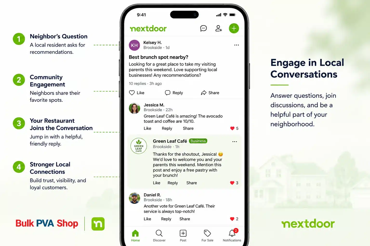 Smartphone mockup showing a neighborhood discussion where a restaurant responds to a local recommendation request