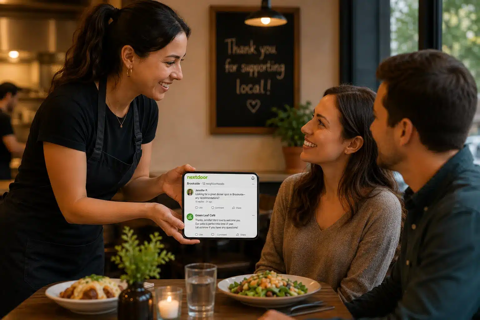 Restaurant server showing customers a smartphone with a Nextdoor recommendation while handing over the bill