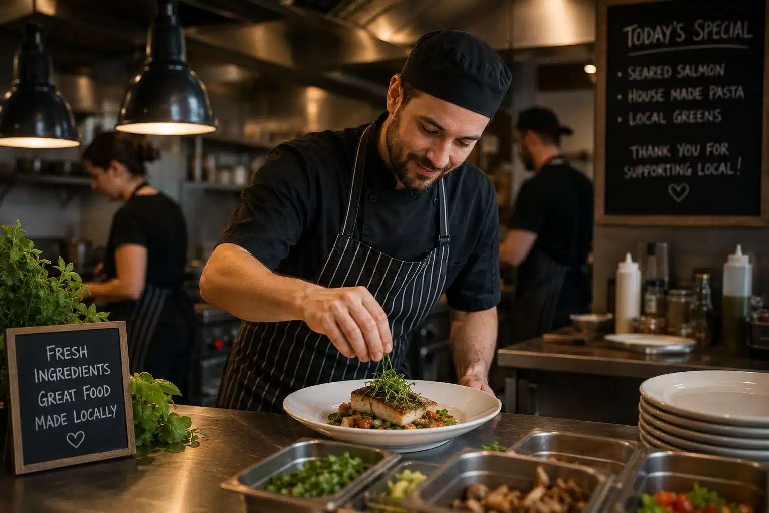 Chef plating a fresh meal in a busy restaurant kitchen with staff working in the background