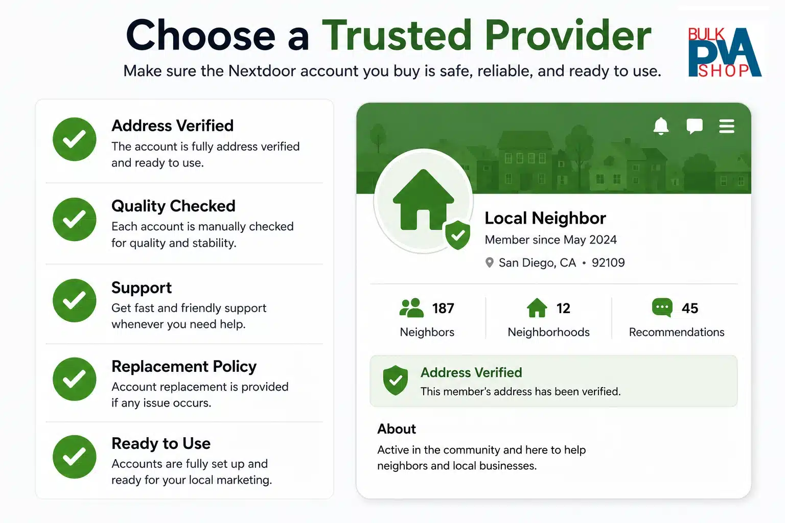 buy-verified-nextdoor-accounts-Bulk-PVA-Shop Checklist for choosing a trusted provider of verified Nextdoor accounts