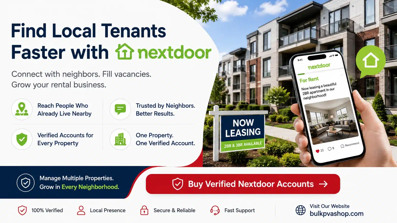 find-local-tenants-nextdoor-property-management-cta Property management CTA showing apartment buildings, a Nextdoor rental post, and a now leasing sign