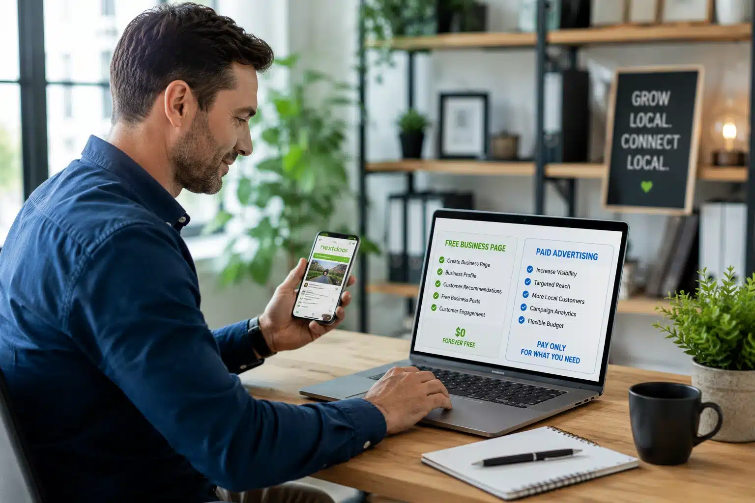 nextdoor-free-vs-paid-business-advertising Business owner comparing a free Nextdoor Business Page with paid advertising on a laptop