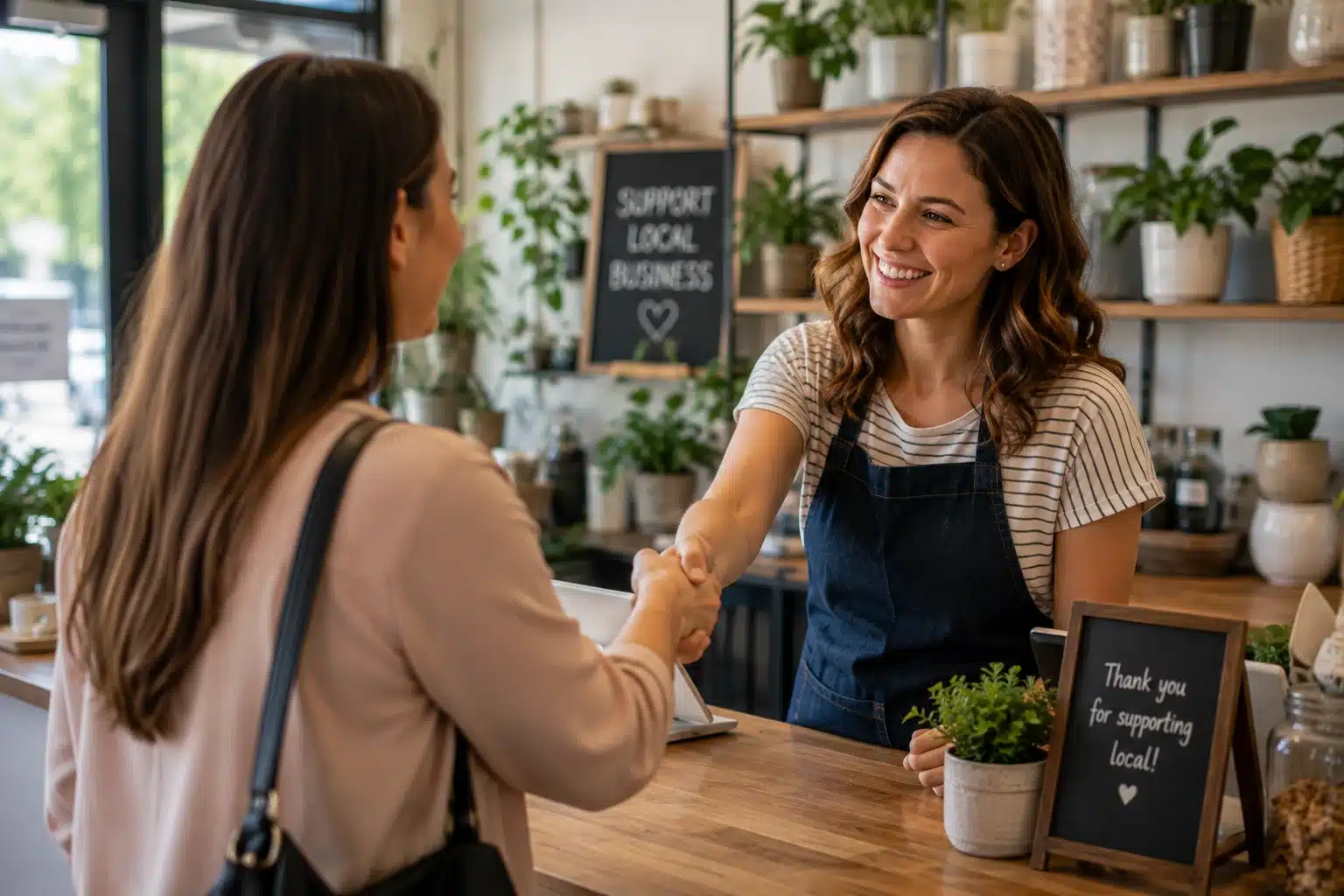 nextdoor-local-business-customer-connection Local business owner greeting a customer inside a neighborhood shop