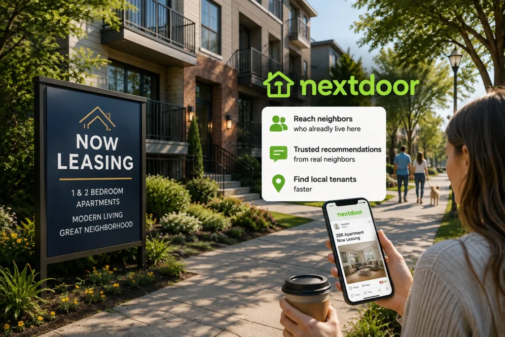 Realistic apartment community with a leasing sign and a renter viewing a local Nextdoor rental listing on a smartphone