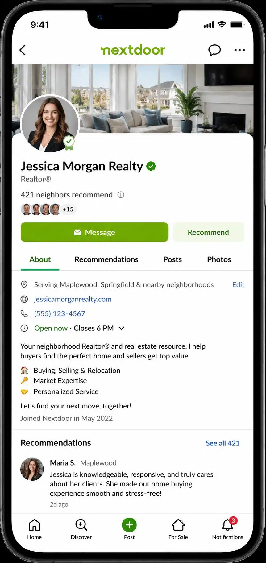 nextdoor-realtor-business-profile-mobile Completed Nextdoor Realtor Business Page displayed on a smartphone