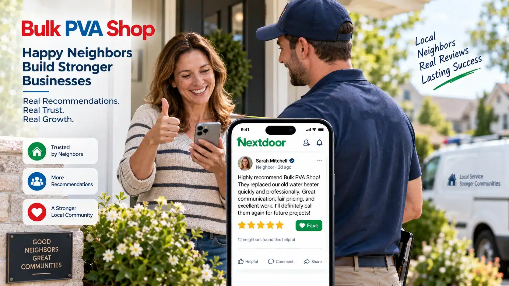 nextdoor-faves-recommendations-local-home-services-business Homeowner recommending a local home services business on Nextdoor after a positive service experience
