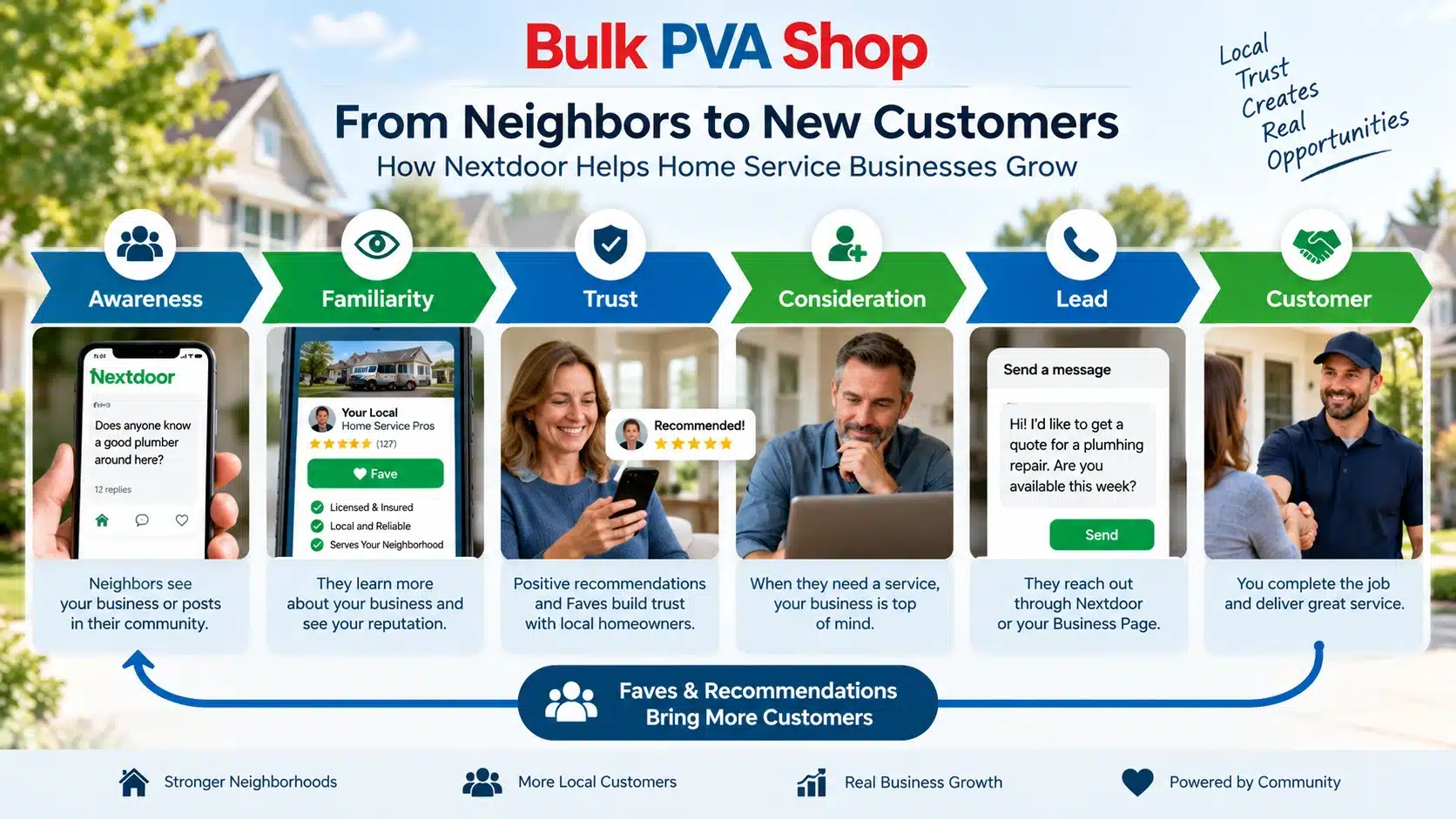 nextdoor-marketing-lead-generation-funnel-home-services Nextdoor marketing funnel showing how home service businesses turn neighborhood awareness into customers