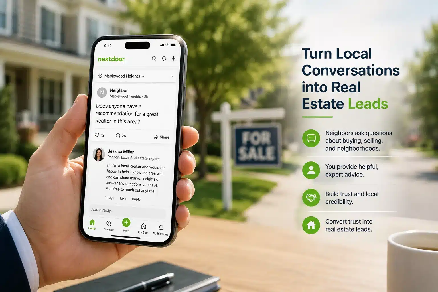 nextdoor-real-estate-local-conversations-leads Realtor responding to a Nextdoor neighborhood conversation to generate real estate leads